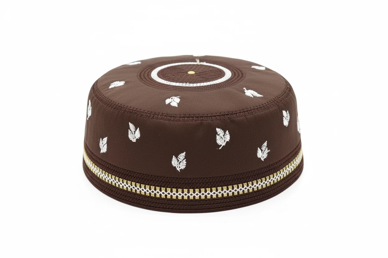 Designer Brown Kufi Cap with White Leaf...